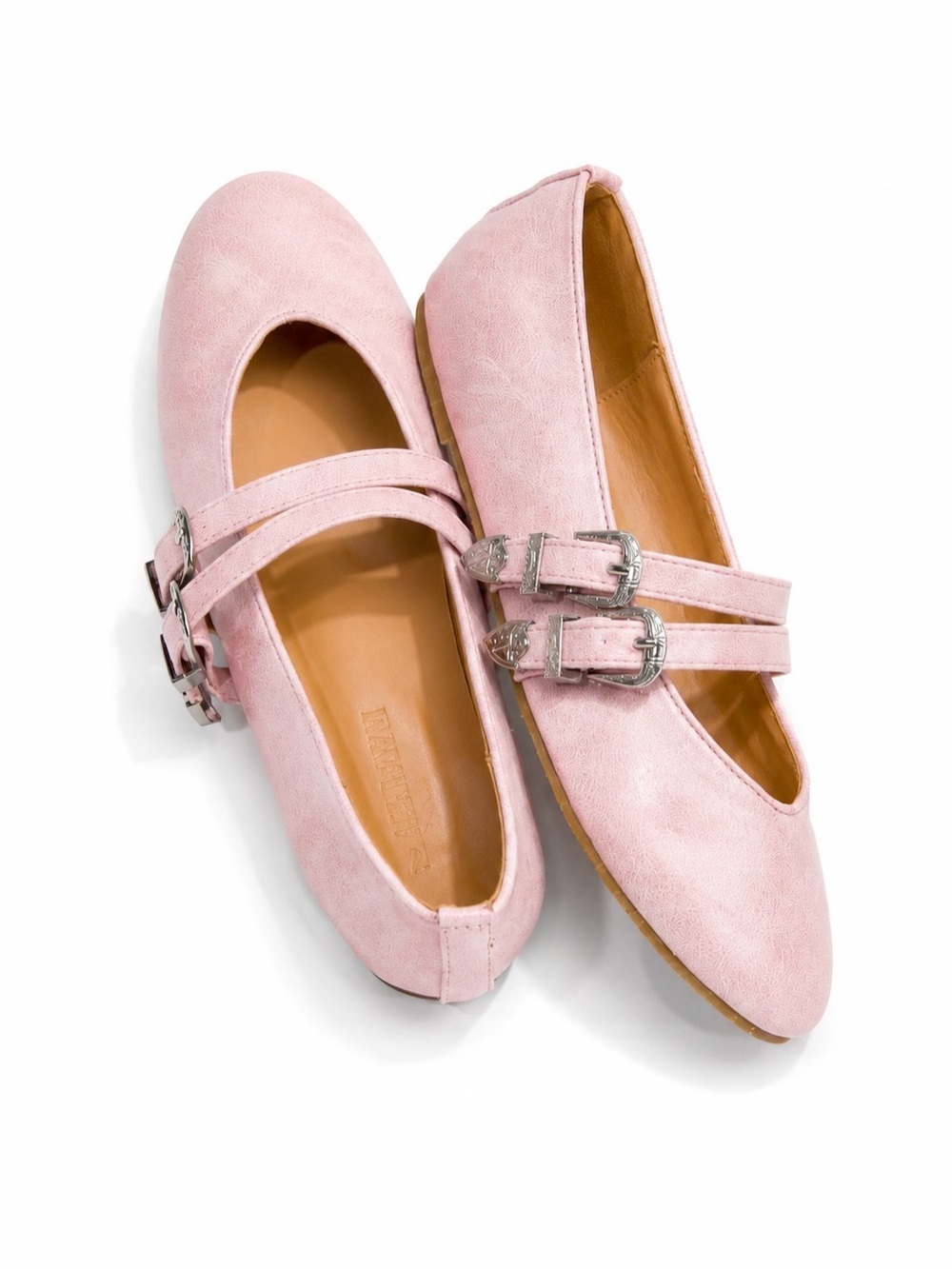 Dusty Rose Pink Women’s Brown Western Double-Buckle Faux Leather Mary Jane Flats